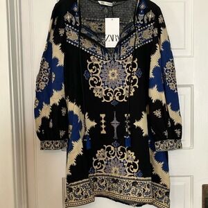NWT Zara Tunic Dress Bohemian Print Long Sleeve Festival Mini Size S‎ 096